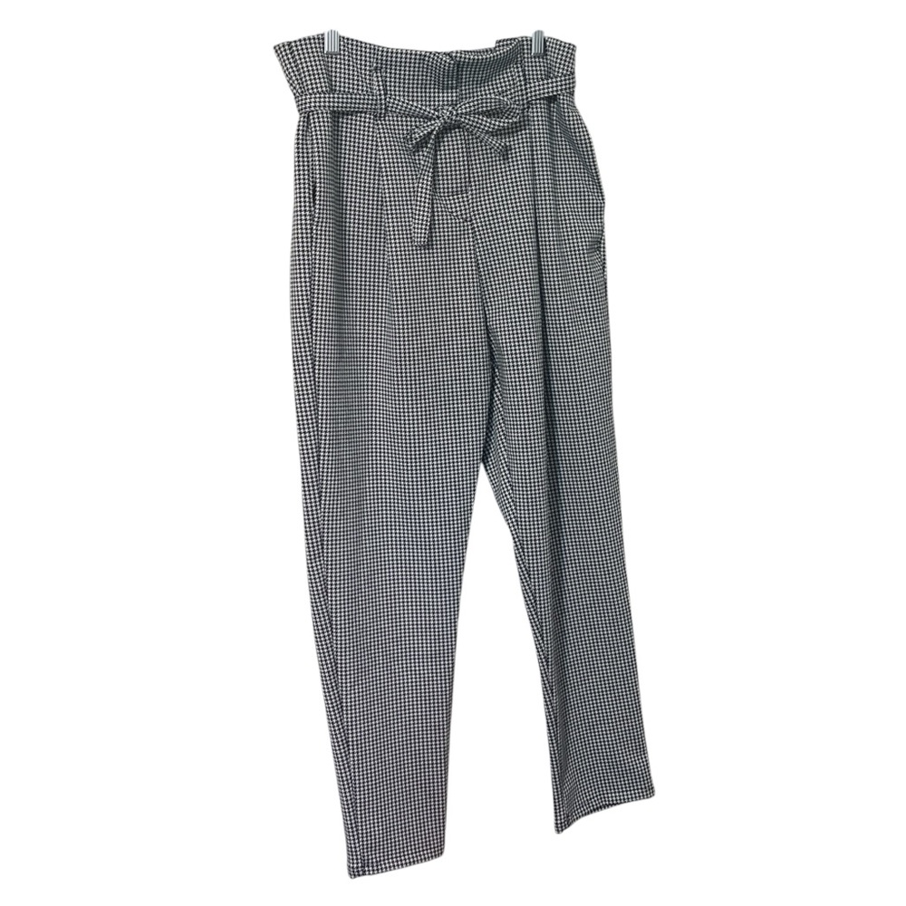 Soho Apparel Paper Bag Waist Trousers with Belt Ponte Knit in Houndstooth Print